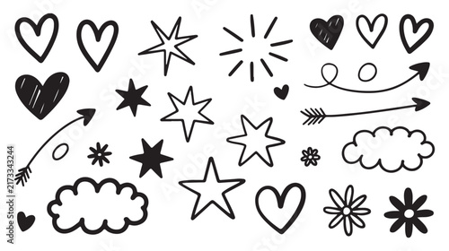 Hand drawn doodle hearts stars arrows and star Fream vector collection 