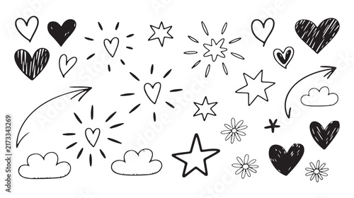 Hand drawn doodle hearts stars arrows flowers and cloud frames vector collection