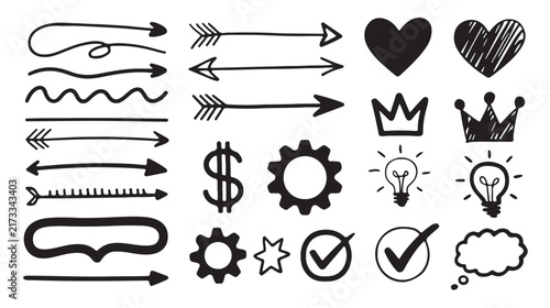 Hand drawn marker doodle icon and arrow element set vector illustration