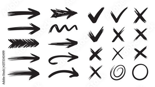 Hand drawn marker arrows, circles, check marks, and scribble strokes, vector collection