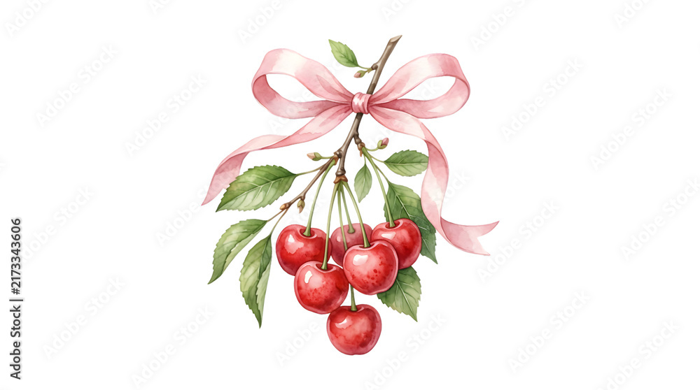 Obraz premium Ripe red cherries cluster with elegant pink ribbon