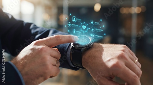 Smartwatch Interface: A man's hand, wearing a suit jacket, interacts with a futuristic smartwatch displaying a vibrant, holographic user interface with icons for health and communication.
