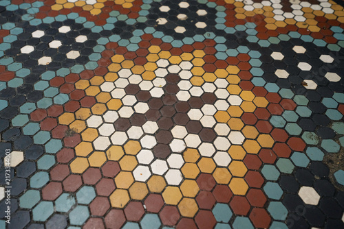 Canvastavla Old mosaic floor texture inside historic church, ancient religious architecture