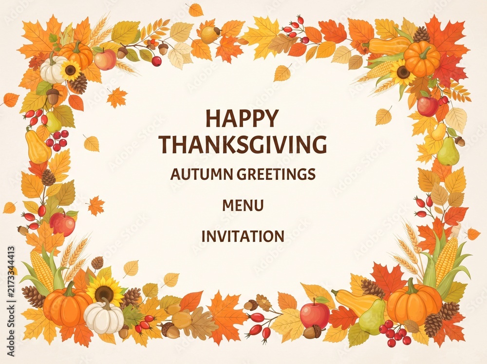 Fototapeta premium Thanksgiving greeting card template with colorful autumn leaves pumpkins corn and fresh fruits.