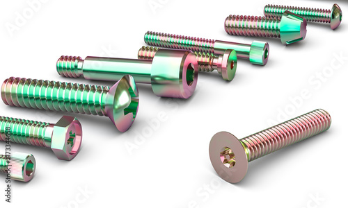 Plakat w ramie Iridescent titanium screws 3d background