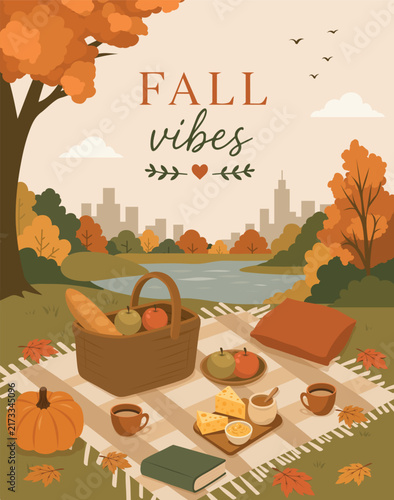 Hello autumn! A cozy autumn picnic in a colorful park with a basket, pumpkin, fruit, cheese, coffee, a book. Warm flat vector illustration for a fall poster, seasonal banner, social media design