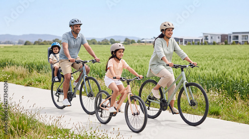happy indian family riding cycles together at outdoor road