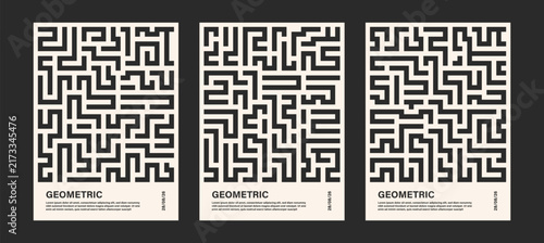 set of abstract maze line labyrinth poster background with square. seamless colorful elements pattern, abstract geometric shapes collection. trendy set of black geometric abstract shapes, design 