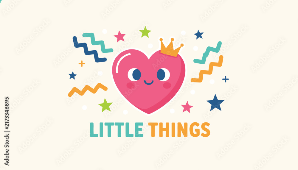 Obraz premium Cute pink cartoon heart wearing a yellow crown and smiling with text Little Things underneath on a light cream background.