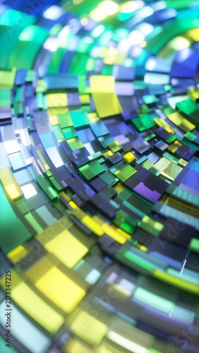 Abstract background with cubes in circular patterns in a digital environment, 3d render, vibrant colors, vertical