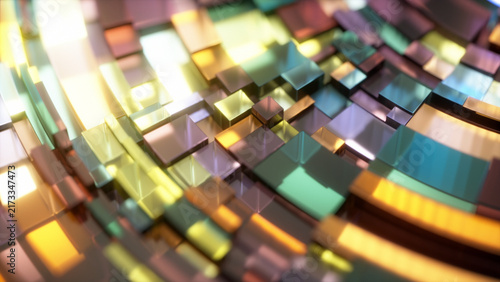 Abstract background with cubes in circular patterns in a digital environment, 3d render, vibrant colors