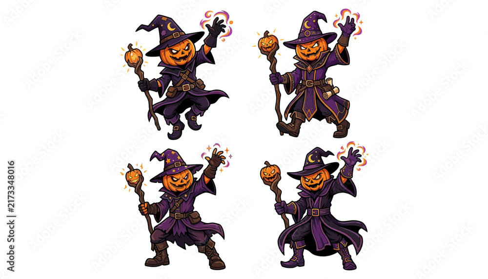 Obraz premium Set of four cartoon pumpkin wizard characters