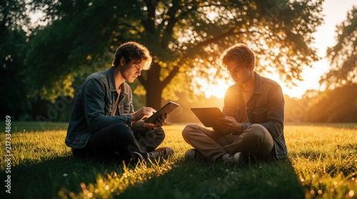 Two young men sit cross legged on grassy field using tablets. Warm sunlight filters through trees at sunset creating peaceful atmosphere outdoors. They interact digitally.