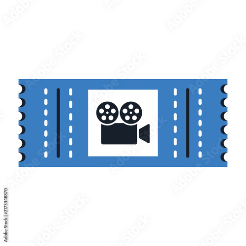 Film camera icon on blue movie ticket stub