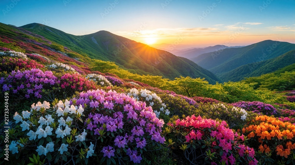 Fototapeta premium Colorful mountain flowers bloom on green hills at sunset. Pink, white, orange azalea bushes cover landscape under golden sky. Beautiful spring nature view with sun rays over distant mountain peaks,