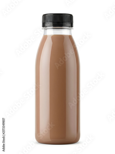 Small plastic bottle filled with brown chocolate milk drink isolated on white background