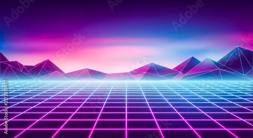 Retro Futuristic Neon Landscape with Synthwave Grid and Glowing Mountains at Sunset