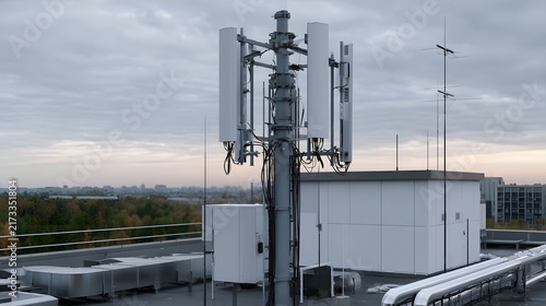 Rooftop telecommunications tower with multiple antennas and equipment against a cloudy sky over urban landscape