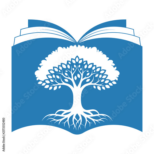 Tree growing out of open book symbolizing knowledge and education