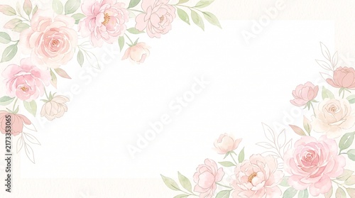 Watercolor floral ornament with pink roses and green leaves creates a delicate corner arrangement flowers blossom petals peonies buds foliage