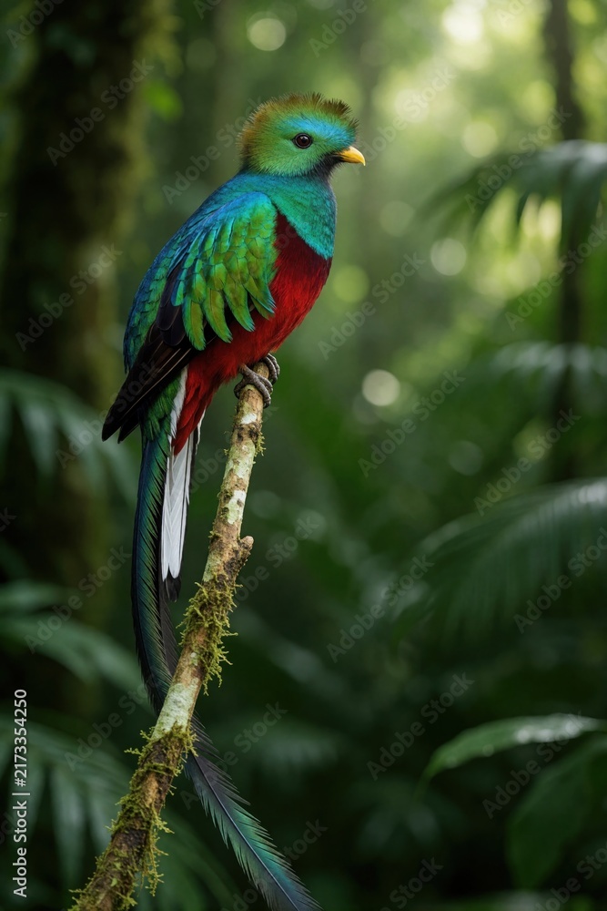 Fototapeta premium Resplendent Quetzal bird sits on mossy branch in Costa Rica jungle. Colorful tropical bird with green plumage, long red belly perches in wild rainforest. Exotic avian wildlife with long tail feathers