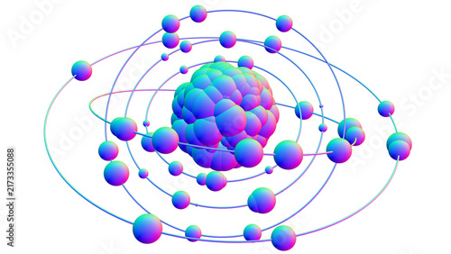 Obraz na plátně Abstract model of an atom with a central object - the nucleus of an atom, consisting of individual objects - protons and neutrons and secondary objects - electrons with orbits