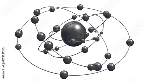 Abstract model of an atom or star system with a central object (atomic nucleus/star) and secondary objects (electrons/planets) with orbits. Model of a planet with satellites and orbits.