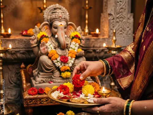 Hands offering fresh flowers to Lord Ganesha during a traditional Ganesh Chaturthi puja, representing devotion, prayer, worship and Indian Hindu religious traditions.