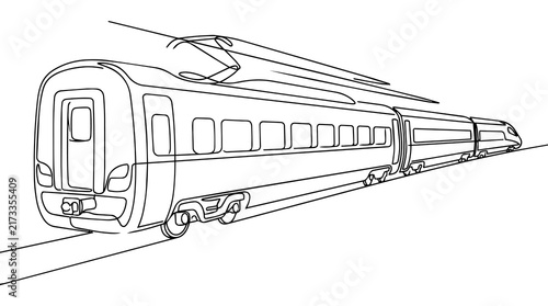 Single-Line Drawing Of A Modern High-Speed Electric Locomotive Illustrating Efficient Travel And Movement.