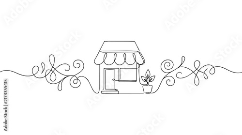 Single-Line Drawing Of A Storefront With Decorative Floral Swirls Representing Local Small Business Branding.