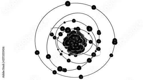 Foto Abstract model of an atom with a central object - the nucleus of an atom, consisting of individual objects - protons and neutrons and secondary objects - electrons with orbits