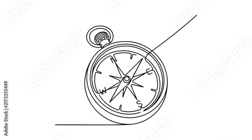 Single-Stroke Line Drawing Of A Vintage Magnetic Compass Symbol, A Minimalist Icon For Business Navigation, Strategic Direction, And Exploration.