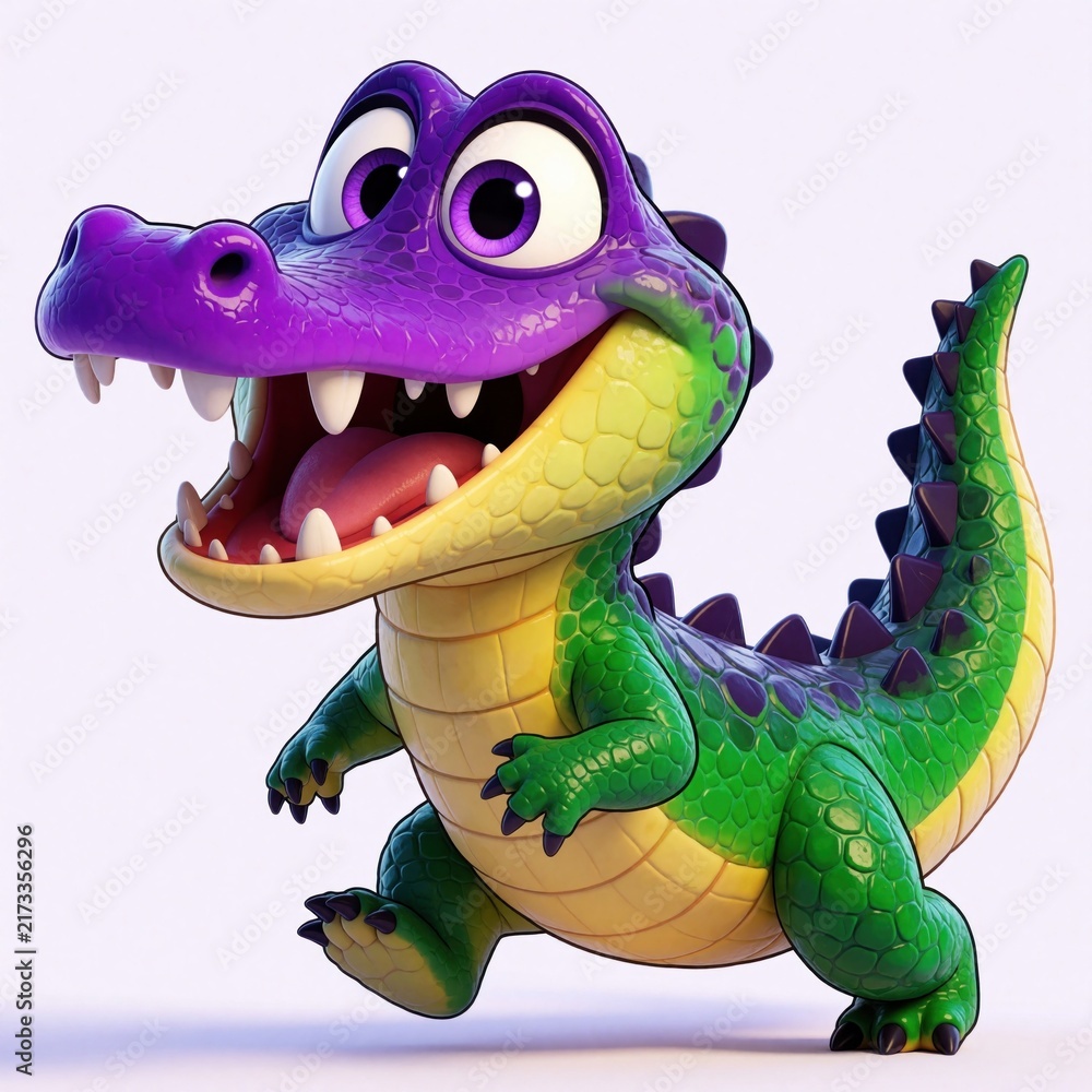 Obraz premium Cute purple, green cartoon alligator with big smile. Friendly reptile character large eyes, open mouth. Vibrant 3D illustration of happy crocodile for kids, nursery decor, playful animal storybook