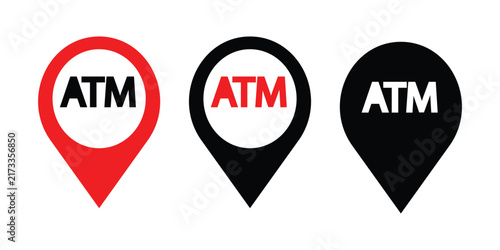 ATM Location Pin Icon Set in Red and Black Vector .
