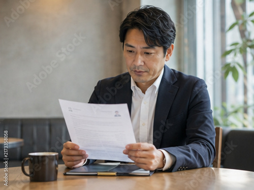 Obraz na płótnie カフェで職務経歴書を確認する40代の日本人会社員