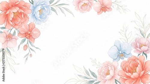 Watercolor floral arrangement with peach and blue blossoms creates a delicate decorative frame flowers blossom bloom