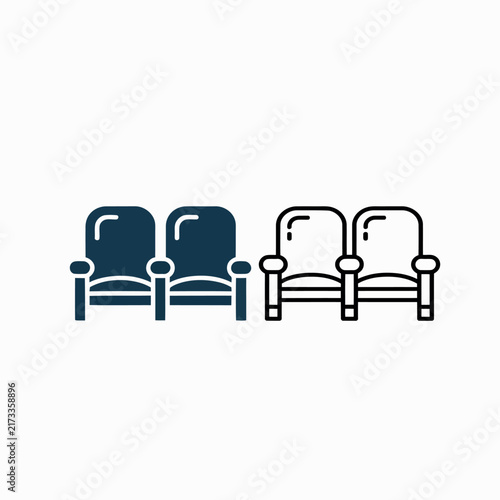 Cinema chair icons with rows of empty movie theater seats isolated on white background for cinema and entertainment design.