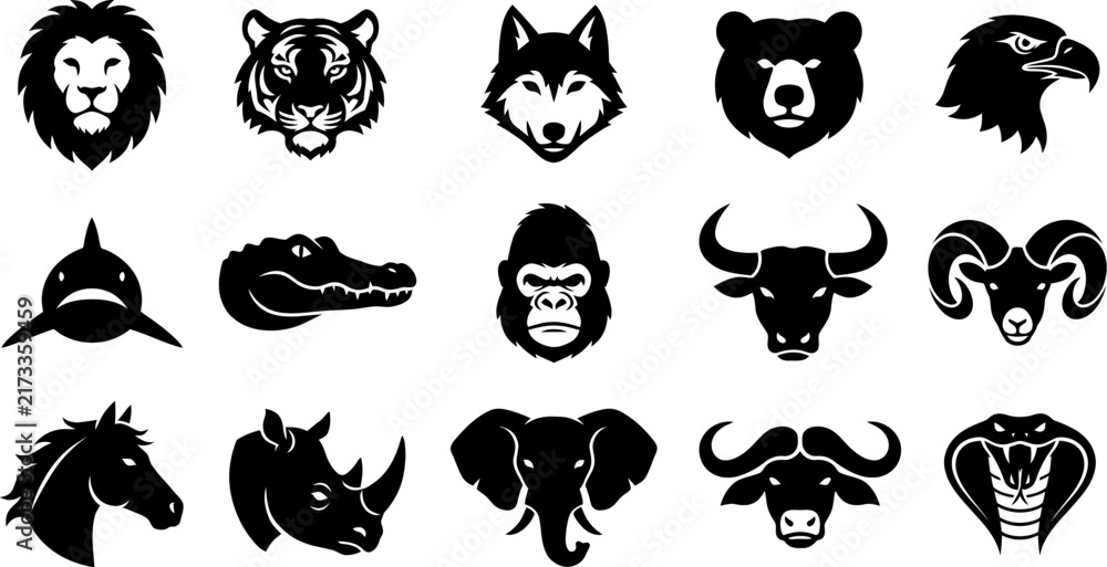 Obraz premium Set of black and white animal head icons featuring various wild creatures for logo design and creative graphic projects