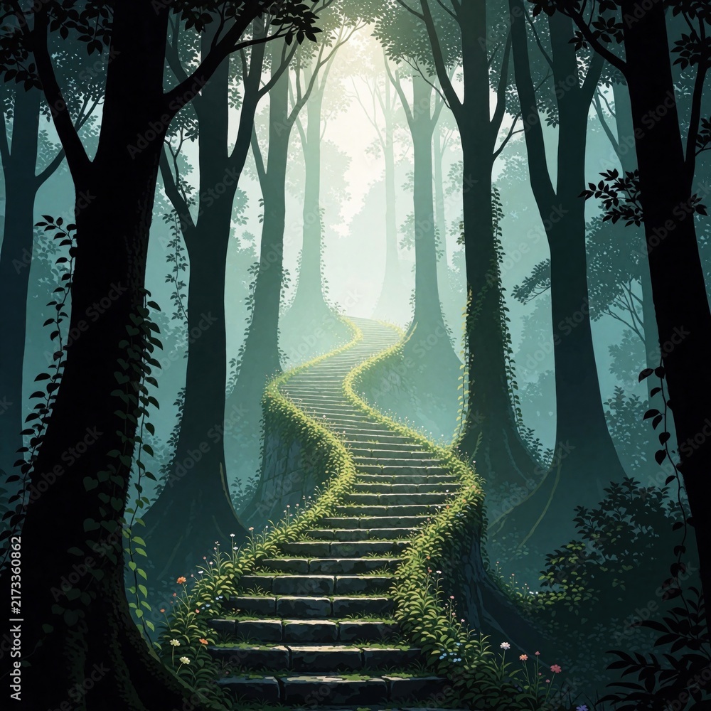 Naklejka premium Stone stpic covered in green moss wind upwards into a misty, sunlit forest. Tall trees frame the path guiding viewers toward a bright, unknown destination. Nature reclaims ancient structure.
