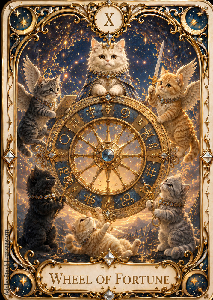 Obraz premium Cute Cat Tarot Card Wheel of Fortune in Luxury Mystical Style