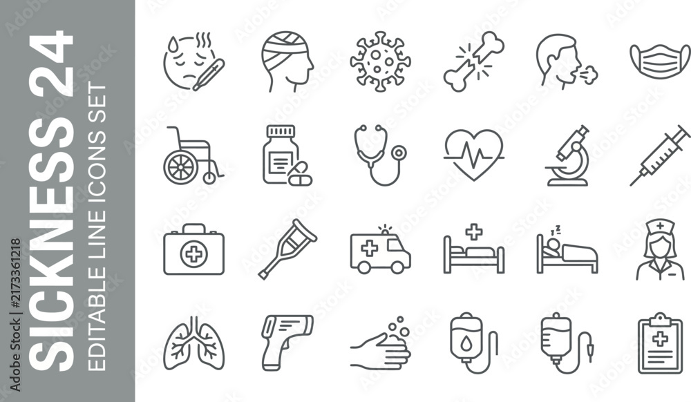 Obraz premium Sickness line icons set of 24 medical symbols. Healthcare and disease vector collection. Hospital equipment and patient care outline graphics.