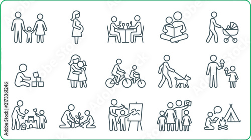 Family life line icons set, 15 parenting and childhood vector symbols, minimalist family activities and relationship outline graphics