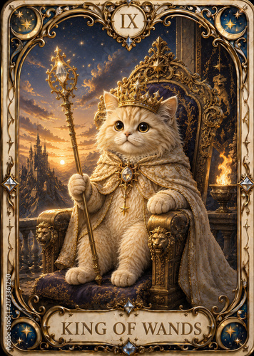 Cute Cat Tarot Card King of Wands in Royal Luxury Mystical Style
