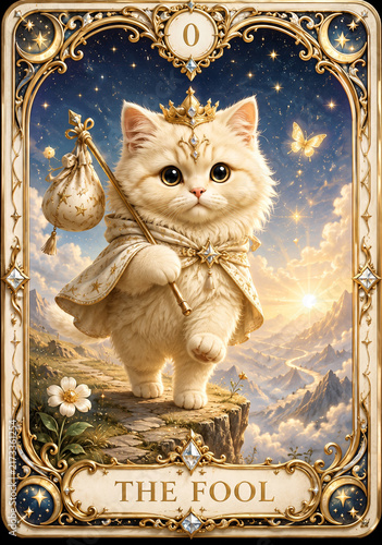 Cute Cat Tarot Card The Fool in Luxury Mystical Style