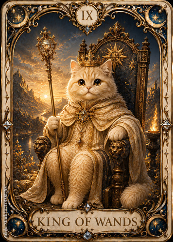 Cute Cat Tarot Card King of Wands in Royal Luxury Mystical Style