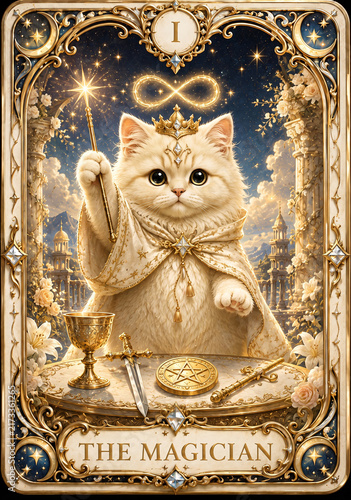 Cute Cat Tarot Card The Magician in Luxury Mystical Style
