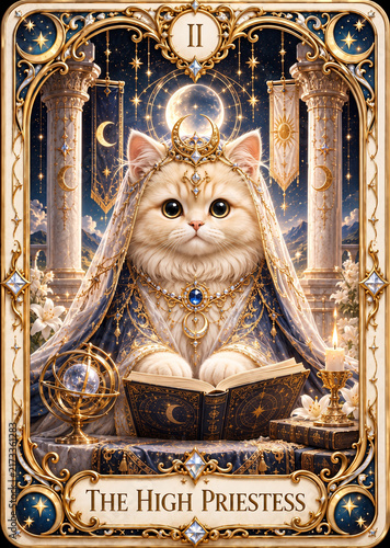 Cute Cat Tarot Card The High Priestess in Luxury Mystical Style