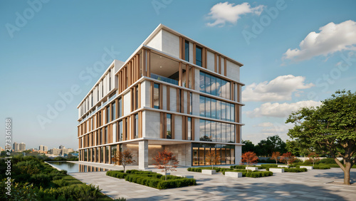 Modern Corporate Office Campus Courtyard With Glass Facade, Landscaped Gardens and Reflecting Pool