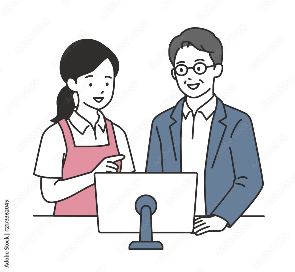 Fototapeta premium パソコン画面を見ながらケアマネージャーと打ち合わせする女性介護士（申し送り・ケアプラン・介護ソフト・DX・多職種連携）