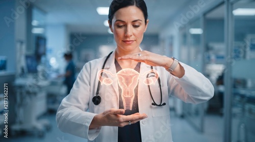 Healthcare Specialist: A female doctor holds a glowing illustration of a uterus, symbolizing women's health and reproductive care in a modern medical facility.